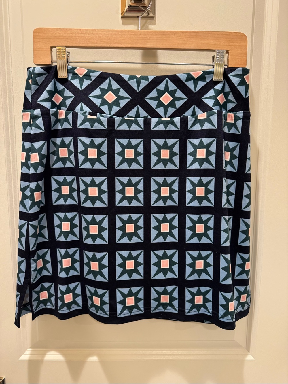 A-Line Geometric Print Skirt in Navy, Light Blue & Blush